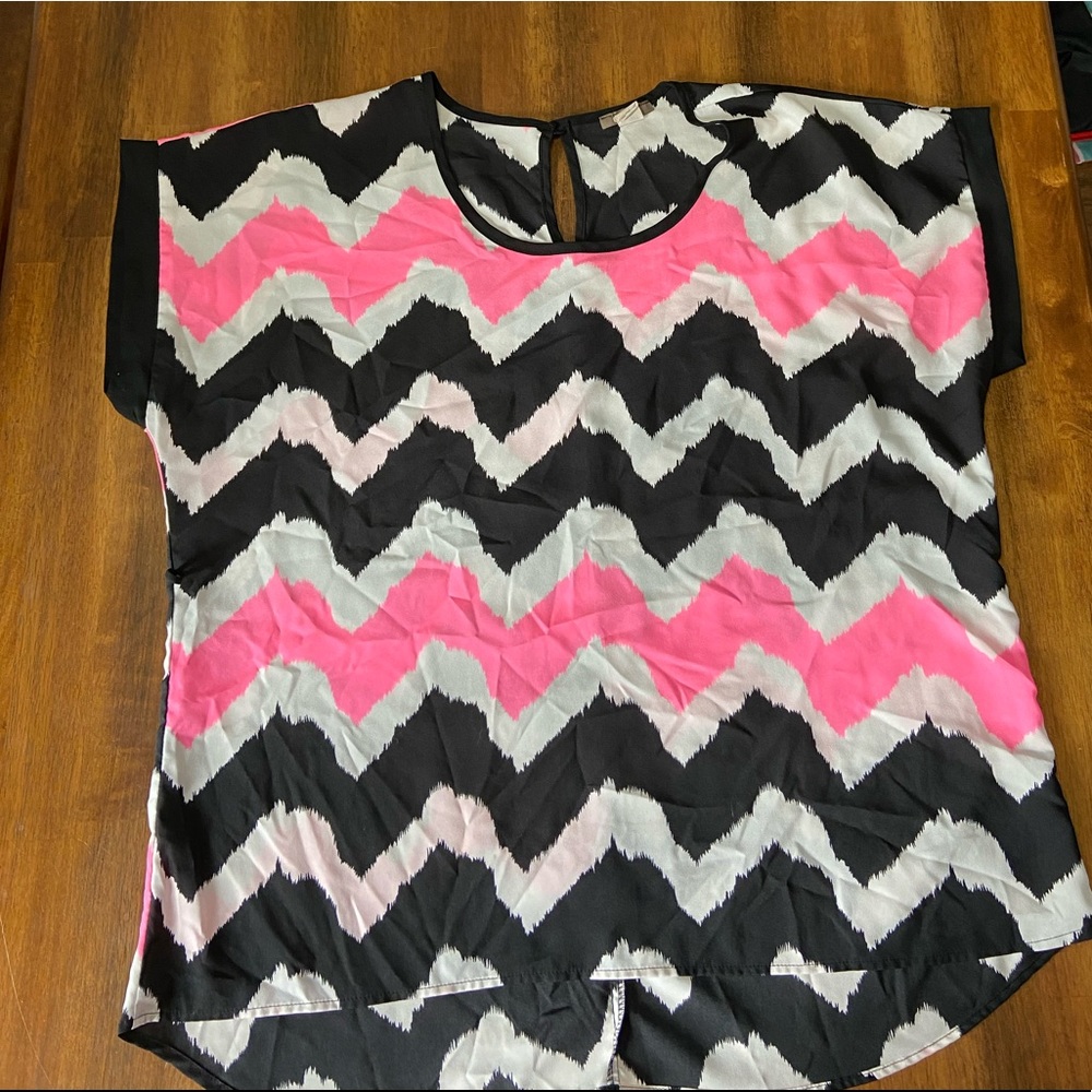 Plus Size Chevron Blouse, Pink/Black/White, 1X